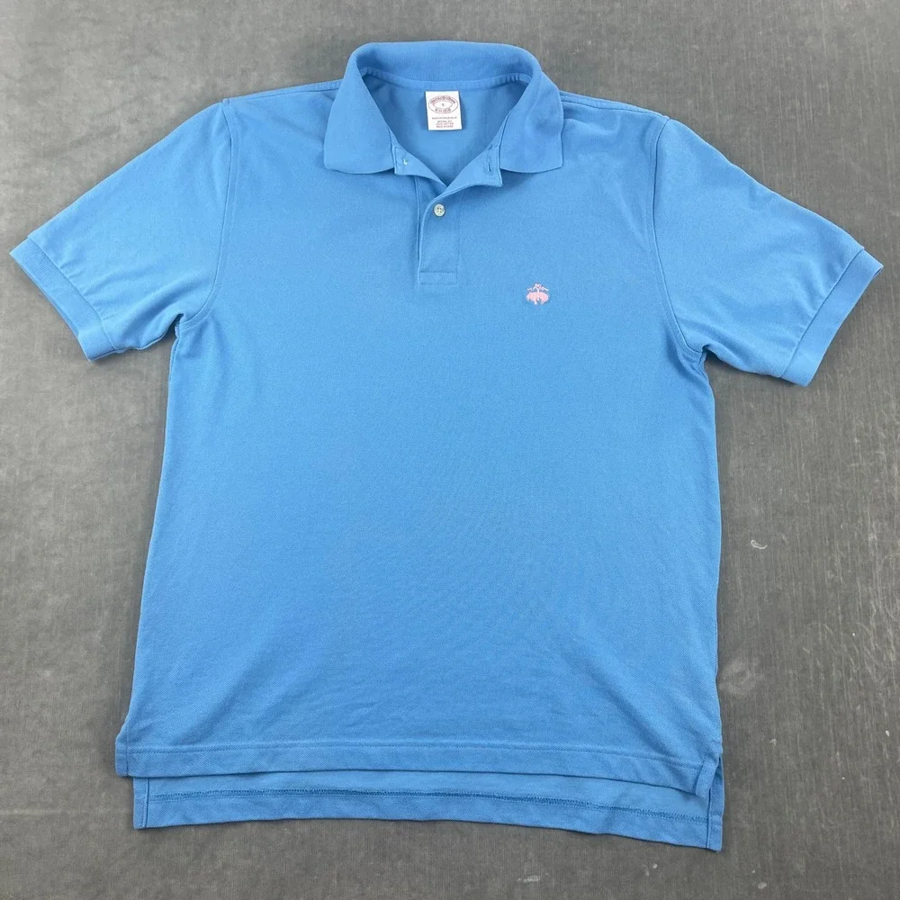 Brooks Brothers Men Small Blue Polo Shirt Performance Original Fit Pink Logo